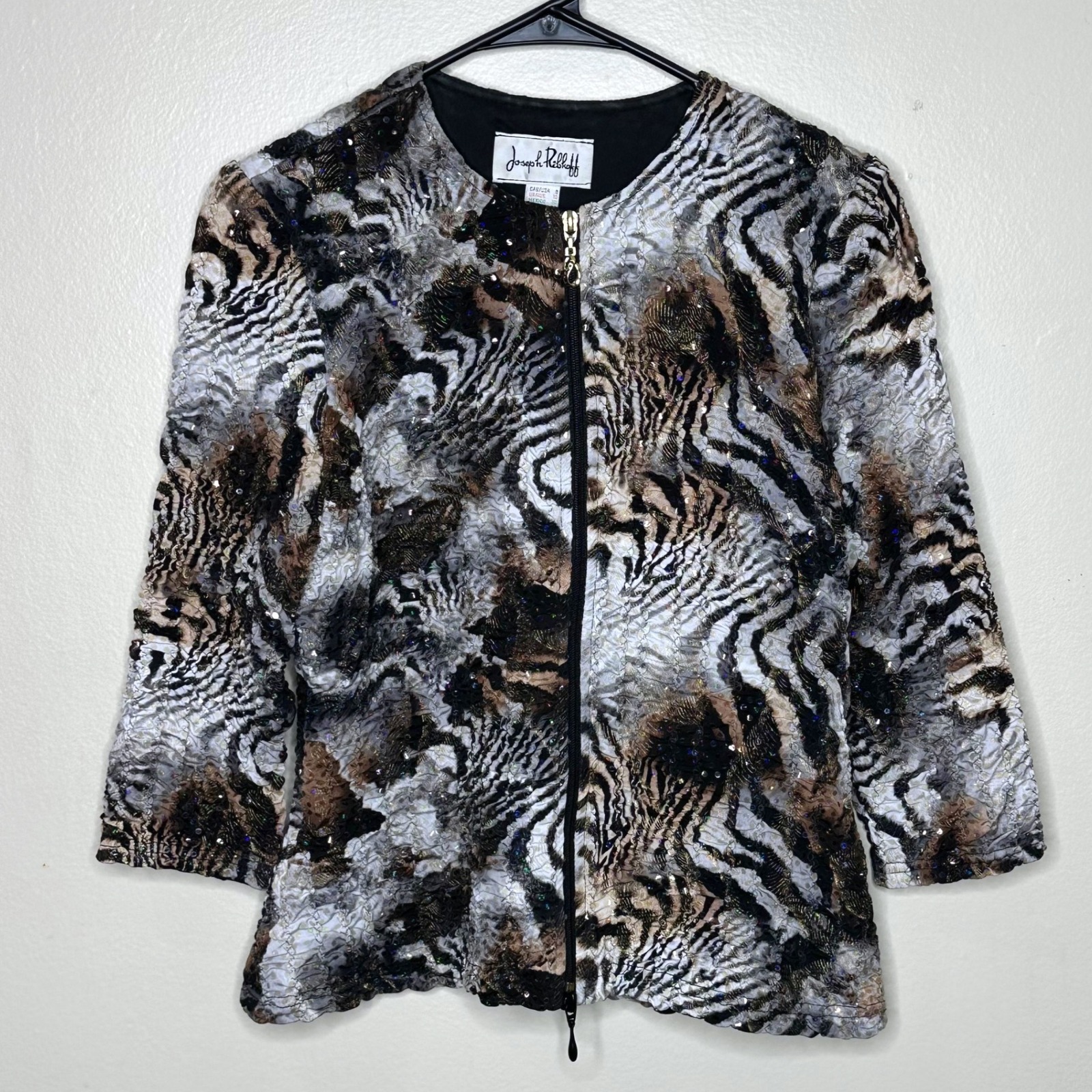 Joseph Ribkoff Jacket Animal Print Sequin Zip Up Zebra Crinkle Sequin Size 8
